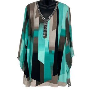 JM Collection Woman Teal Ombre Amor Mod Twist Tunic Top 3X V-Neck Beaded New